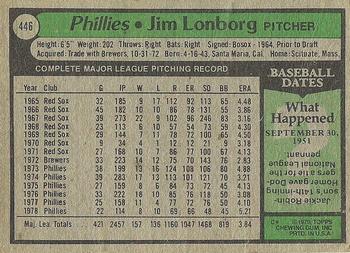 1979 Topps #446 Jim Lonborg Back