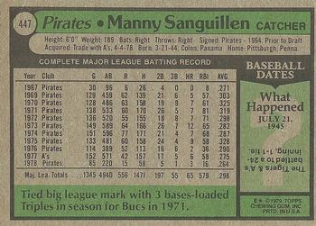 1979 Topps #447 Manny Sanguillen Back
