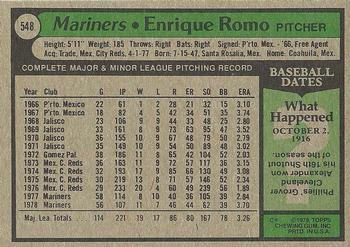 1979 Topps #548 Enrique Romo Back
