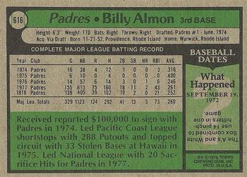 1979 Topps #616 Billy Almon Back