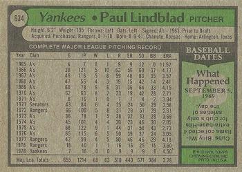 1979 Topps #634 Paul Lindblad Back