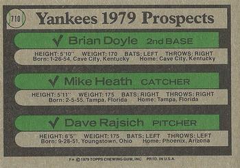 1979 Topps #710 Yankees 1979 Prospects (Brian Doyle / Mike Heath / Dave Rajsich) Back
