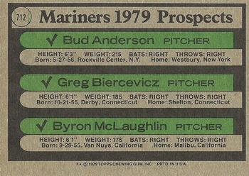 1979 Topps #712 Mariners 1979 Prospects (Bud Anderson / Greg Biercevicz / Byron McLaughlin) Back