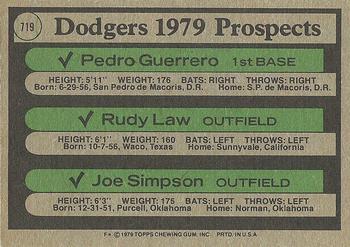 1979 Topps #719 Dodgers 1979 Prospects (Pedro Guerrero / Rudy Law / Joe Simpson) Back