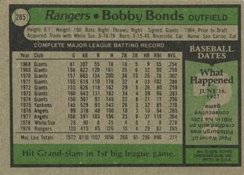 1979 Topps #285 Bobby Bonds Back
