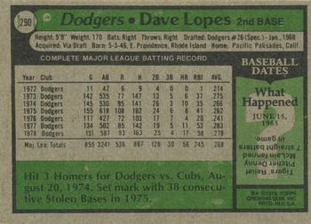 1979 Topps #290 Dave Lopes Back