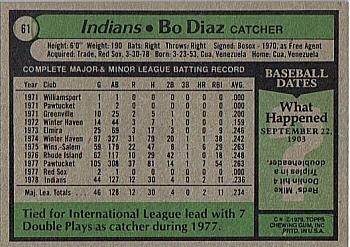 1979 Topps #61 Bo Diaz Back