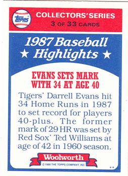 1988 Topps Woolworth Baseball Highlights #3 Darrell Evans Back