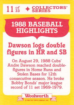 1989 Topps Woolworth Baseball Highlights #11 Andre Dawson Back