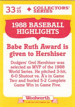 1989 Topps Woolworth Baseball Highlights #33 Orel Hershiser Back