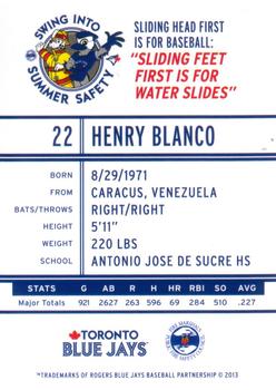 2013 Swing Into Summer Safety Toronto Blue Jays #NNO Henry Blanco Back