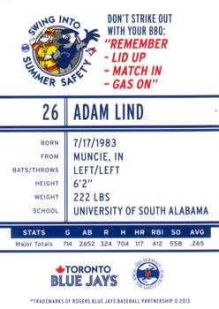 2013 Swing Into Summer Safety Toronto Blue Jays #NNO Adam Lind Back