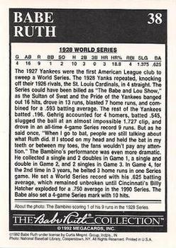 1992 Megacards Babe Ruth #38 .625 Batting and 1.375 Slugging Avg. Back