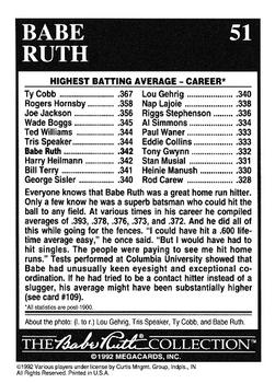 1992 Megacards Babe Ruth #51 Lifetime - .342 Batting Average Back