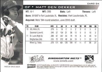 2012 Choice Binghamton Mets #4 Matt Den Dekker Back