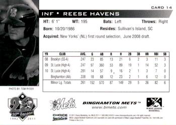 2011 Choice Binghamton Mets #14 Reese Havens Back
