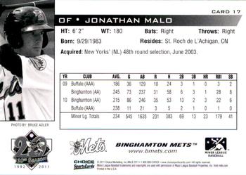 2011 Choice Binghamton Mets #17 Jonathan Malo Back