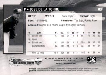 2010 Choice Binghamton Mets #3 Jose De La Torre Back