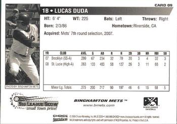 2009 Choice Binghamton Mets #9 Lucas Duda Back