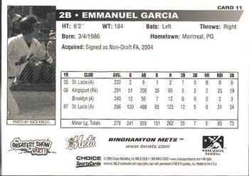 2008 Choice Binghamton Mets #11 Emmanuel Garcia Back