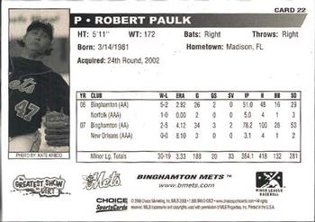 2008 Choice Binghamton Mets #22 Robert Paulk Back