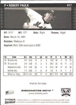 2007 Choice Binghamton Mets #17 Robert Paulk Back