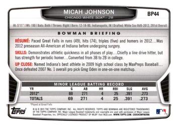 2013 Bowman - Prospects Silver Ice #BP44 Micah Johnson Back