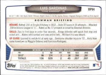 2013 Bowman - Prospects Silver Ice #BP84 Luis Sardinas Back