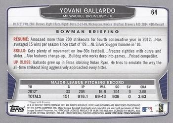 2013 Bowman - Silver Ice #64 Yovani Gallardo Back