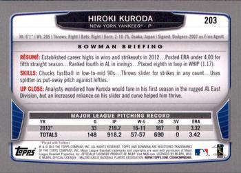 2013 Bowman - Silver Ice #203 Hiroki Kuroda Back