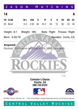 1993 Classic Best Central Valley Rockies #14 Jason Hutchins Back