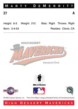 1993 Classic Best High Desert Mavericks #27 Marty DeMerritt Back