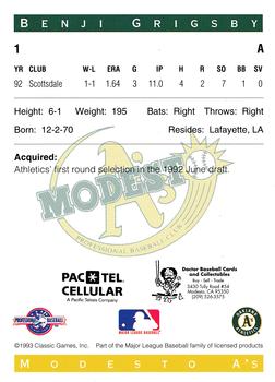 1993 Classic Best Modesto A's #1 Benji Grigsby Back