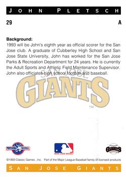 1993 Classic Best San Jose Giants #29 John Pletsch Back