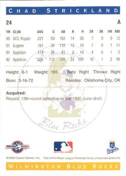 1993 Classic Best Wilmington Blue Rocks #24 Chad Strickland Back
