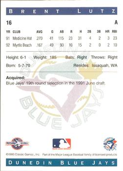 1993 Classic Best Dunedin Blue Jays #16 Brent Lutz Back