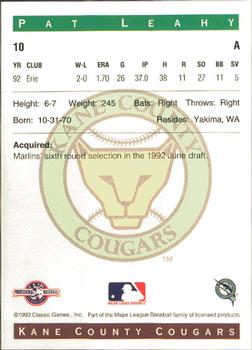 1993 Classic Best Kane County Cougars #10 Pat Leahy Back