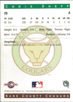 1993 Classic Best Kane County Cougars #20 Chris Sheff Back