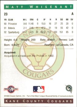 1993 Classic Best Kane County Cougars #23 Matt Whisenant Back