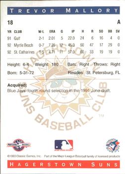 1993 Classic Best Hagerstown Suns #18 Trevor Mallory Back
