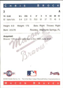 1993 Classic Best Macon Braves #3 Chris Brock Back