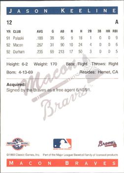 1993 Classic Best Macon Braves #12 Jason Keeline Back