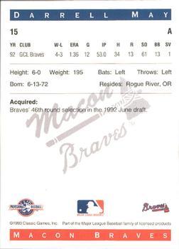 1993 Classic Best Macon Braves #15 Darrell May Back