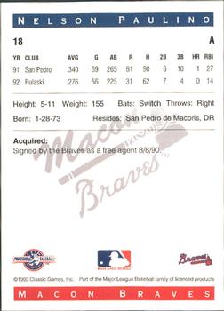 1993 Classic Best Macon Braves #18 Nelson Paulino Back