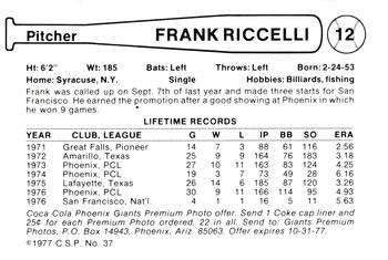 1977 Cramer Phoenix Giants #NNO Frank Riccelli Back