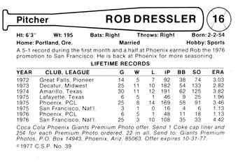 1977 Cramer Phoenix Giants #NNO Rob Dressler Back