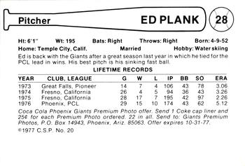 1977 Cramer Phoenix Giants #NNO Ed Plank Back