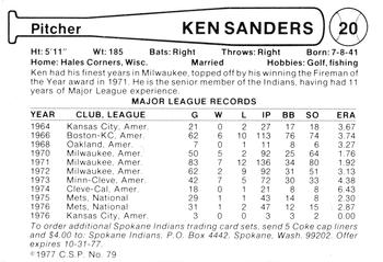 1977 Cramer Spokane Indians #79 Ken Sanders Back