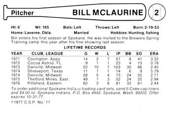 1977 Cramer Spokane Indians #11 Bill McLaurine Back