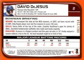 2008 Bowman - Orange #2 David DeJesus Back